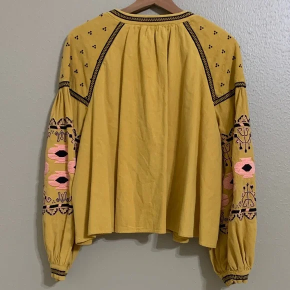 Free People Women’s Embroidered Linen Blend Blouse Jacket Mustard Hippie Boho M - Picture 6 of 12